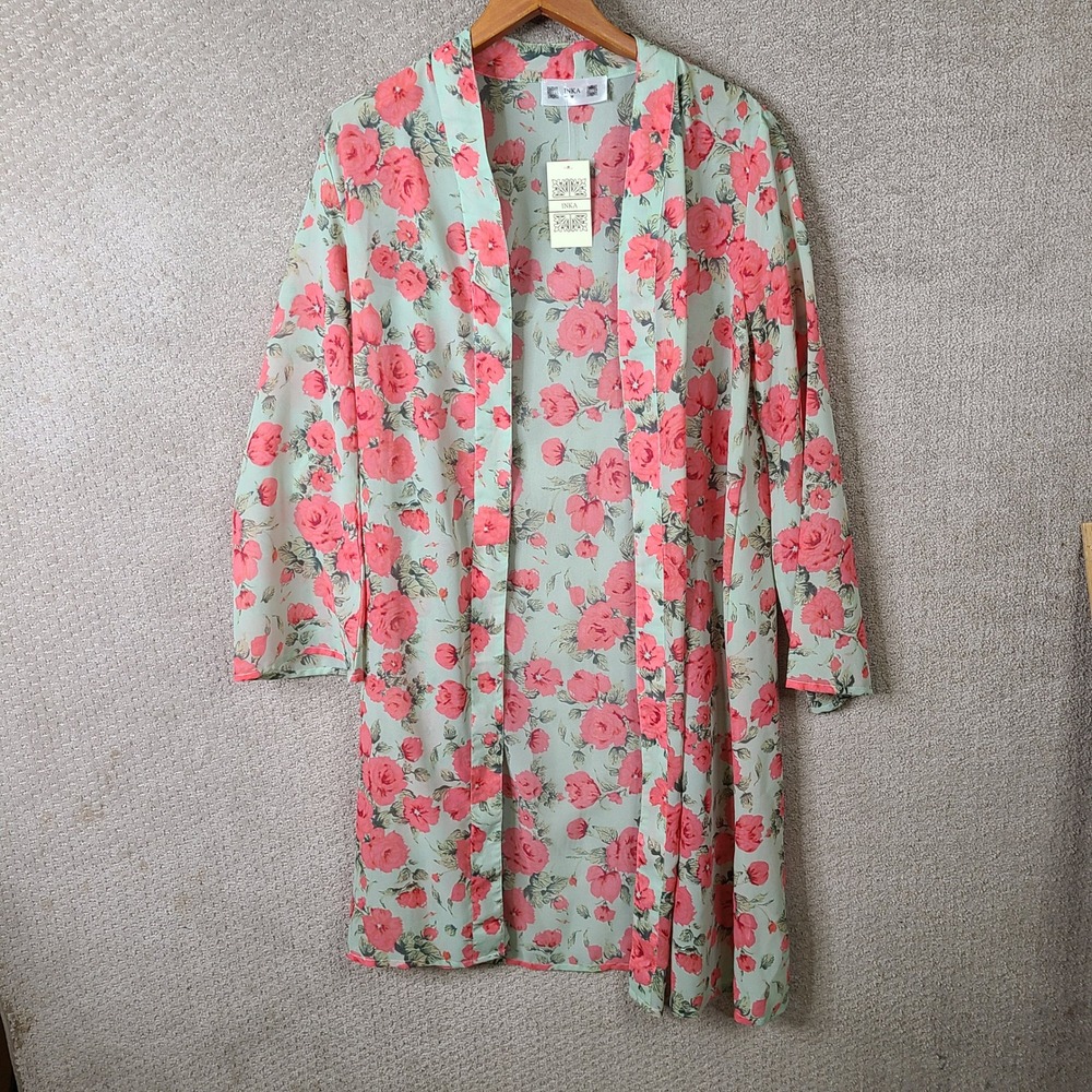 Inka Kimono Women Medium Green Floral Open Front Polyester Sheer Cardigan NEW